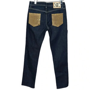 JUST‎ CAVALLI Y2K Jeans Dark Wash Gold Studded Slim Mid Rise Size 28 Rocker Glam